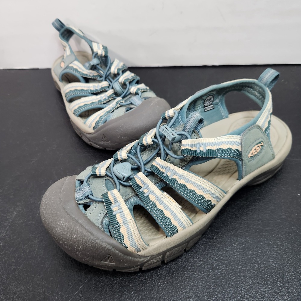 KEEN Whisper Womens 9 Blue Striped Bungee Hiking Water Sport Sandals 1016866
